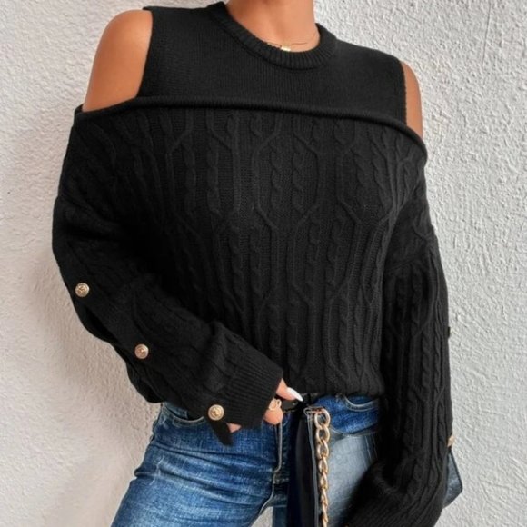 BLACK Button Detail Cold Shoulder Knit Sweater Top - Picture 1 of 6